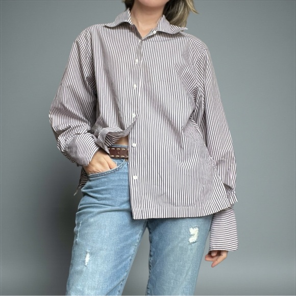 Vintage 90s Burberrys Navy and Nude Striped Blouse Button Front Shirt Large - Picture 1 of 12